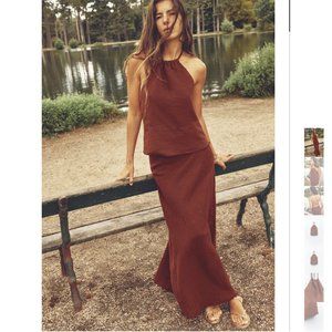 NWT ZARA 2 PIECES MATCH SET FRAYED LINEN HALTER TOP + MAXI SKIRT brick